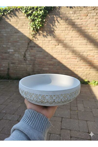 Lades Antik Desenli Beyaz Beton Saksı - Altın Varaklı El Yapımı Dekoratif Büy...