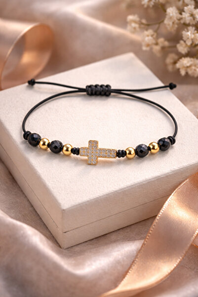 OEM Black and Gold Beaded Bracelet + Rhinestone Cross, Elegant, Unisex, Gift
