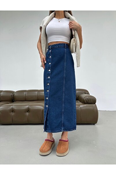 Aida Fashion Yandan düğmeli denim etek