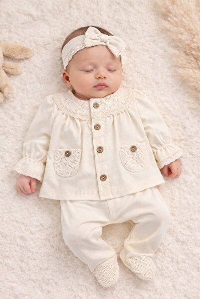 Pure Boutique Set bebe fete 3 piese crem elegant bluza dantela pantaloni bentita