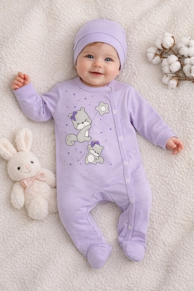 Superbaby Μωβ λιλά φόρμα με σκουφάκι για μωρά κορίτσια, 2 τεμάχια Βαμβάκι