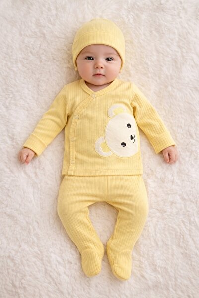 Pure Boutique Set bebe galben 3 piese ursulet bumbac rib bluza pantaloni caci...