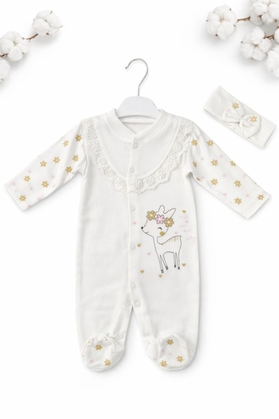 Superbaby Salopeta bebe fetite alba cu bentita 2 piese imprimeu caprioara