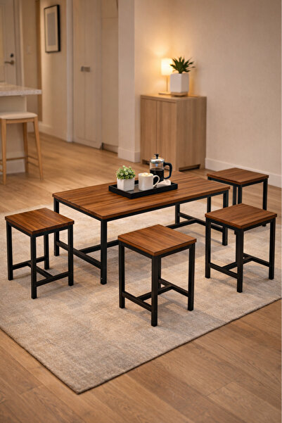 MARIA HOMES Industrial Design 5-Piece Coffee Table Set Brown Wood Top Black M...