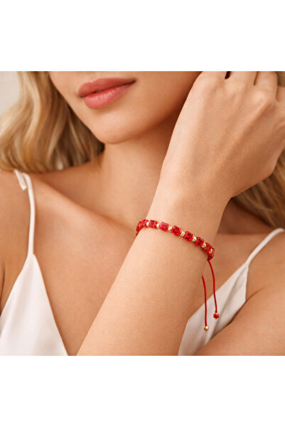 OEM Women's bracelet with adjustable red cord, red cubic crystal beads + gold...