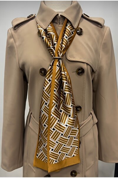 MİNELEŞARP34 Eșarfă dreptunghiulară din satin Mineleşarp Hardal cu imprimeu g...