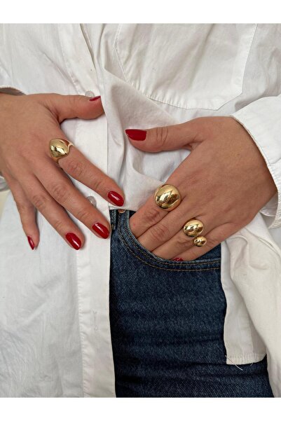 Junsui Luna Kadın 3'lü Yüzük Seti Altın Kaplama Çelik Çoklu Yüzük Kombin Set