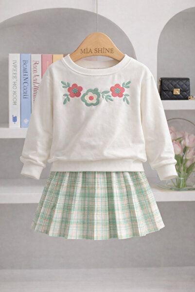 MİA SHİNE S Girl's Embroidery Floral Print Sweatshirt and Plaid Skirt Combina...