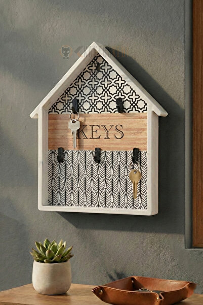 KaktüsKedi Dekoratif Ev Tasarımlı Duvar Anahtar Askısı - Beyaz Çerçeveli El Y...