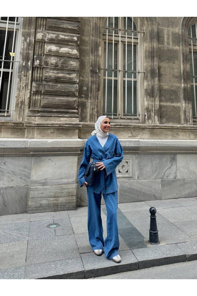 Miraydın Butik Γυναικείο Σετ με Κουμπιά και Ζώνη Τεμάχια Τζιν Σετ Δύο Τεμαχίω...