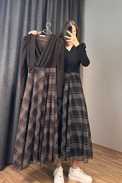 Sorridi Double-Breasted Collar Plaid Skirt Midi Length Dress