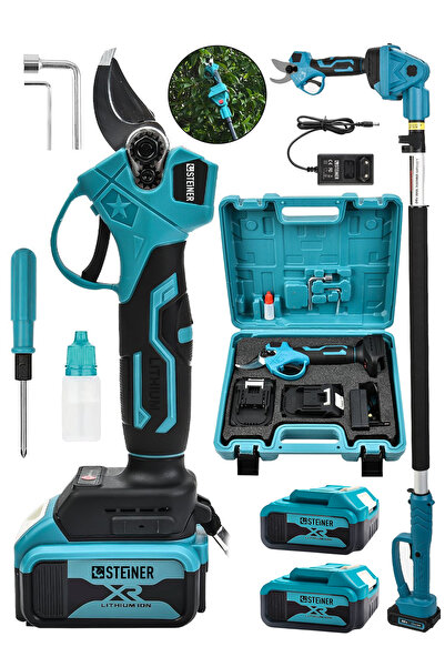 STEİNER 18v Çift Akülü Çelik Şanzıman 35mm Dal Budama Makası Mavi + 2 Metre T...