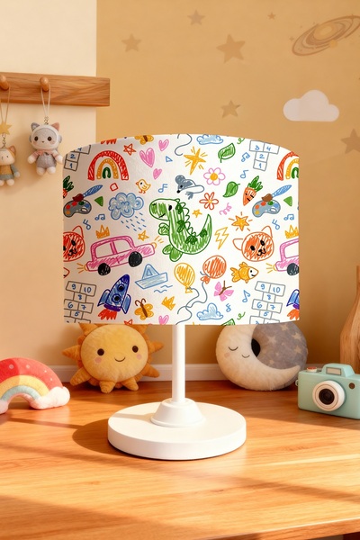 EVPANYA Neşeli Karalama Desenli Çocuk Odası Abajur