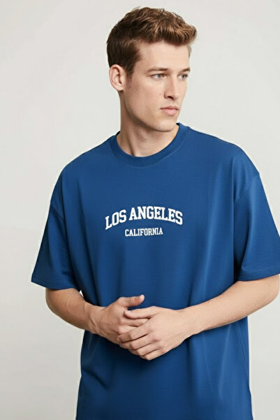 COMBİNE MİCHAİL Men's Los Angeles Summer Printed Blue T-Shirt