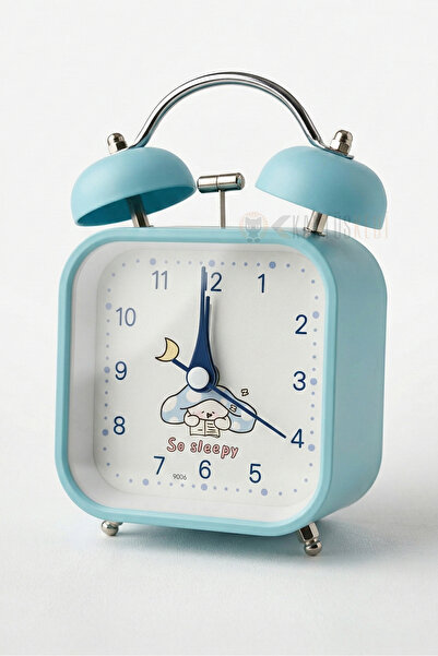 KaktüsKedi Sevimli Mavi Çanlı Metal Masa Saati - Sessiz Akar Saniyeli, Işıklı...