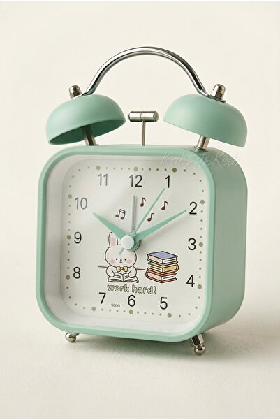 KaktüsKedi Sevimli Yeşil Çanlı Metal Masa Saati - Sessiz Akar Saniyeli, Işıkl...