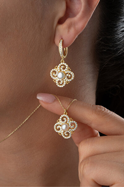 Silvano Jewelry 925 Ayar Gümüş Altın Kaplama İnci Küpe Kolye set