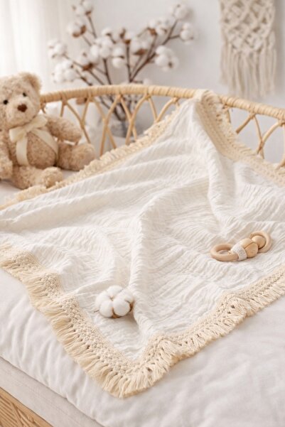 Pure Boutique Paturica bebe muselina ivoire cu franjuri crem premium