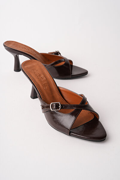 ALFHA Brown Thin Heeled Women's Slippers Open Toe Cross-Strapped Daily & Even...