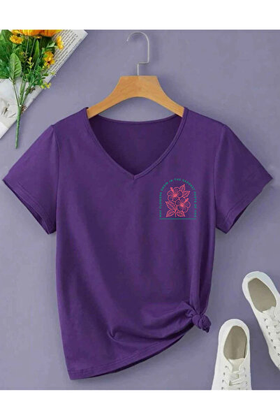 SUNFREE Hibiscus Printed V-Neck Short Sleeved Women's Combed Cotton T-Shirt