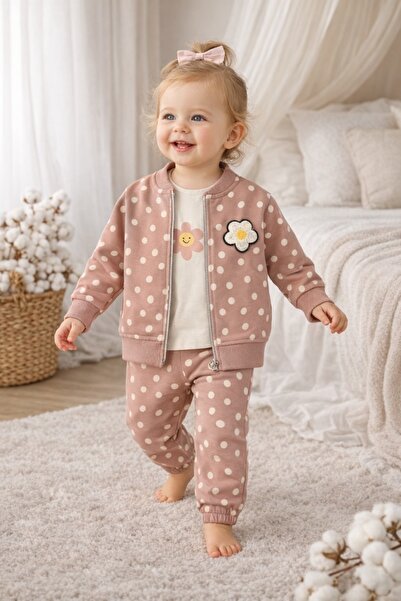 Superbaby Σετ 3 τεμαχίων φόρμας για κορίτσια, ροζ πούδρα με Πουά, σακάκι, μπλ...