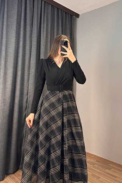 Sorridi Double-Breasted Collar Plaid Skirt Midi Length Dress