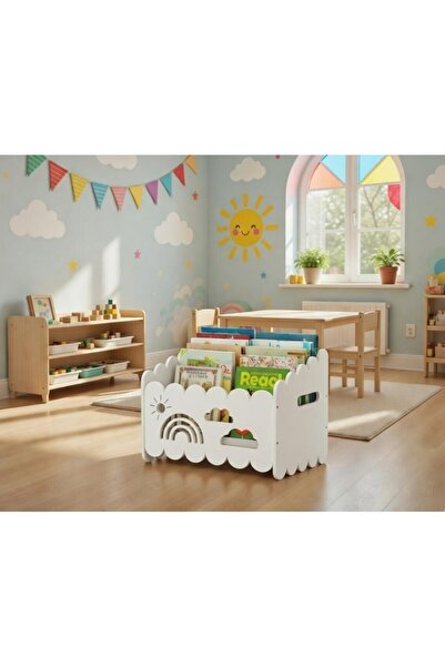 Ankebut Montessori Ahşap Oyuncak ve Kitap saklama Kutusu Beyaz