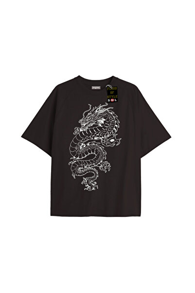 Flood Of Style Μαύρο μπλουζάκι oversized με σχέδιο δράκου Προσαρμοσμένο σχέδιο