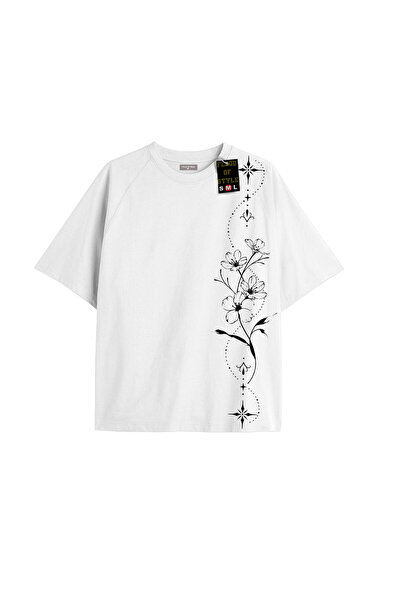 Flood Of Style Alb supradimensionat tricou stea cu ramură de floare Design sp...