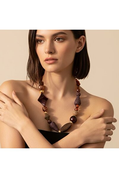 COCOSH TAKI Brown Beaded Gold Detailed Custom Design Necklace