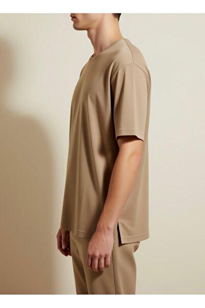 Oversize Kalıp Basic Bisiklet Yaka Çift Yırtmaçlı Unisex Bej T-Shirt