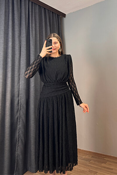 Sorridi Black Draped Waist Lace Long Dress