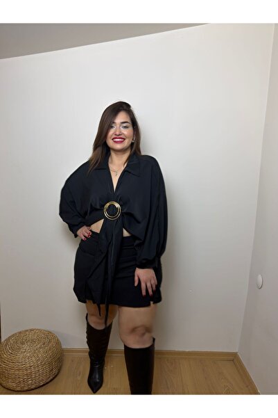 Store Büyükbeden Gold Detaylı Saten Önden Bağlamalı Gömlek