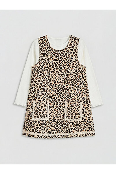 LC Waikiki LCW Kids Bej imprimeu leopard Rochie salopetă și tricou pentru fete