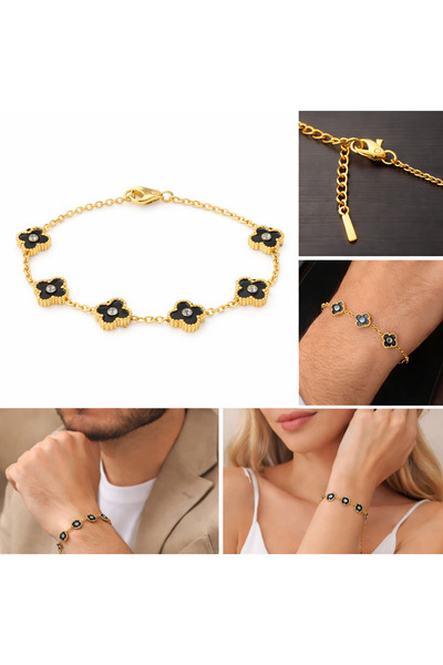 OEM Brățară aurie cu flori negre (clover) și cristal, lanț fin cu extensie, e...