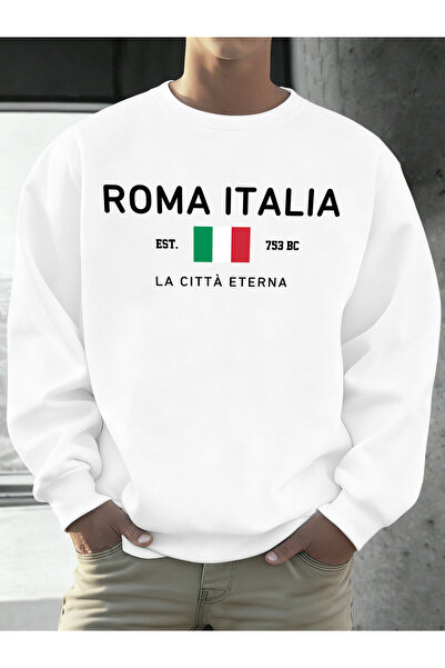 Tarzsokak Roma Italia Est.753 مطبوع سترة رجالية برقبة دائرية صوف الفليس ملابس...