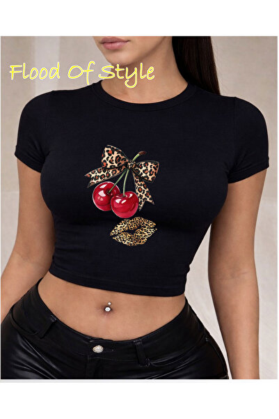 Flood Of Style Black Babby Tee Cherry Ribbon Lip Design personalizat