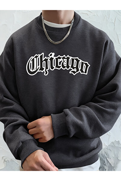 Tarzsokak سويت شيرت شيكاغو ليتر مطبوع للرجال برقبة دائرية للشتاء بغطاء رأس ست...
