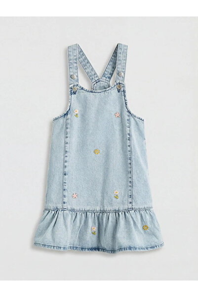 LC Waikiki LCW Kids Indigo Square Collar Flower Με κέντημα Κοριτσίστικο φόρεμ...