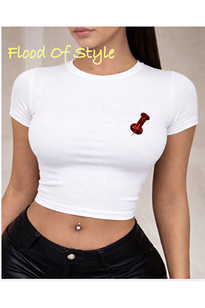 Flood Of Style Λευκό μπλουζάκι Babby Tee με βελόνα Ειδικό σχέδιο