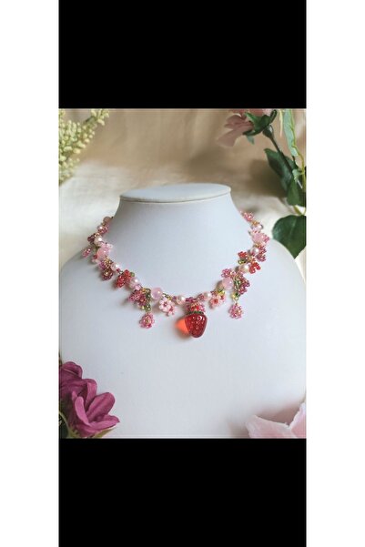SHİNELİZE Straw kolye, özel tasarım choker tarzı pembe kolye