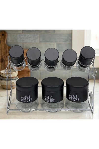 HUTUL AL JAZIRA رف توابل بثمانية مرطبانات، زجاجي وفولاذي مقاوم للصدأ، مناسب ل...