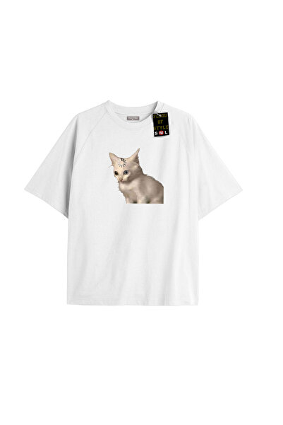 Flood Of Style Λευκό μπλουζάκι oversized με σχέδιο έκπληκτης γάτας Προσαρμοσμ...
