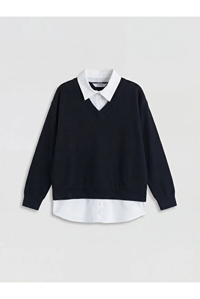 LC Waikiki Lcw Kids Navy Blue Shirt Collar Girls' Knitwear Sweater