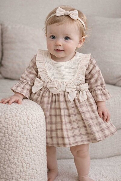 krm kerem bebe Eid 100% Cotton Fabric Lace Collar Bow Detail Lined Plaid Piec...