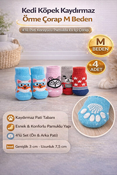 Hane Dostu Kedi Köpek Kaydırmaz Örme Çorap M Beden – 4’lü Pati Koruyucu Pamuk...