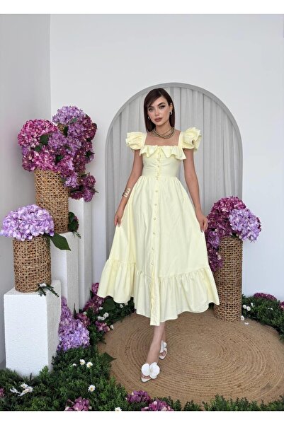 Nils Boutique Butter-Vanilya Sarısı - Pembe Midi Volanlı Omuz Elbise