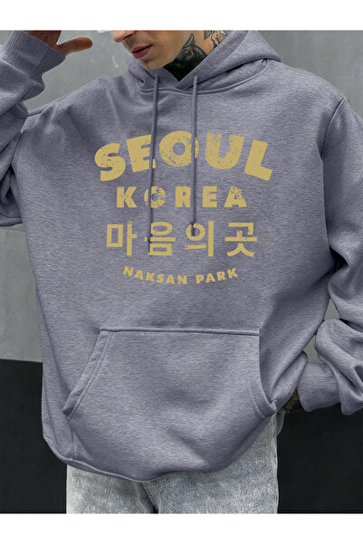 Tarzsokak هودي رجالي مطبوع عليه حروف من سيول كوريا لخريف صوف الفليس بغطاء رأس...