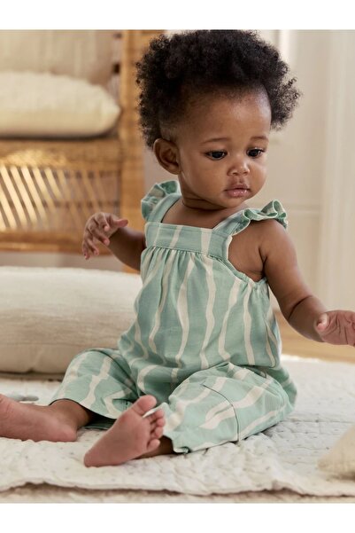 Next Baby Sage Green Striped Long Leg Piece Baby Romper Set