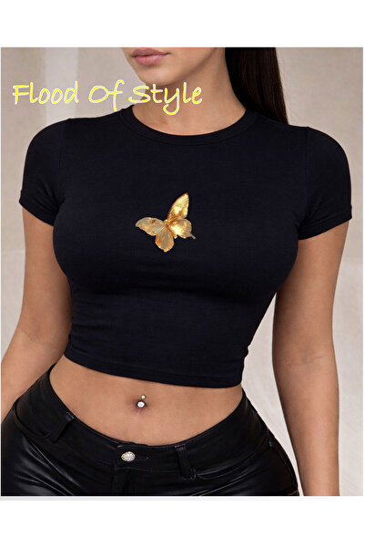 Flood Of Style Black Babby Tee Yellow Butterfly Custom Design
